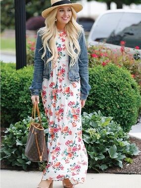 Floral White Maxi Sundress with Pink & Coral Blooms